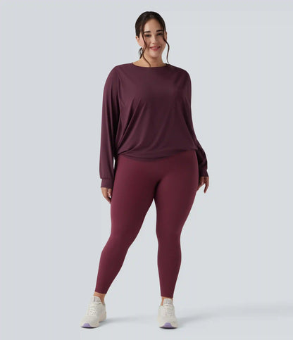Round Neck Long Sleeve Ruched Yoga Plus Size Sports Top-UPF50+