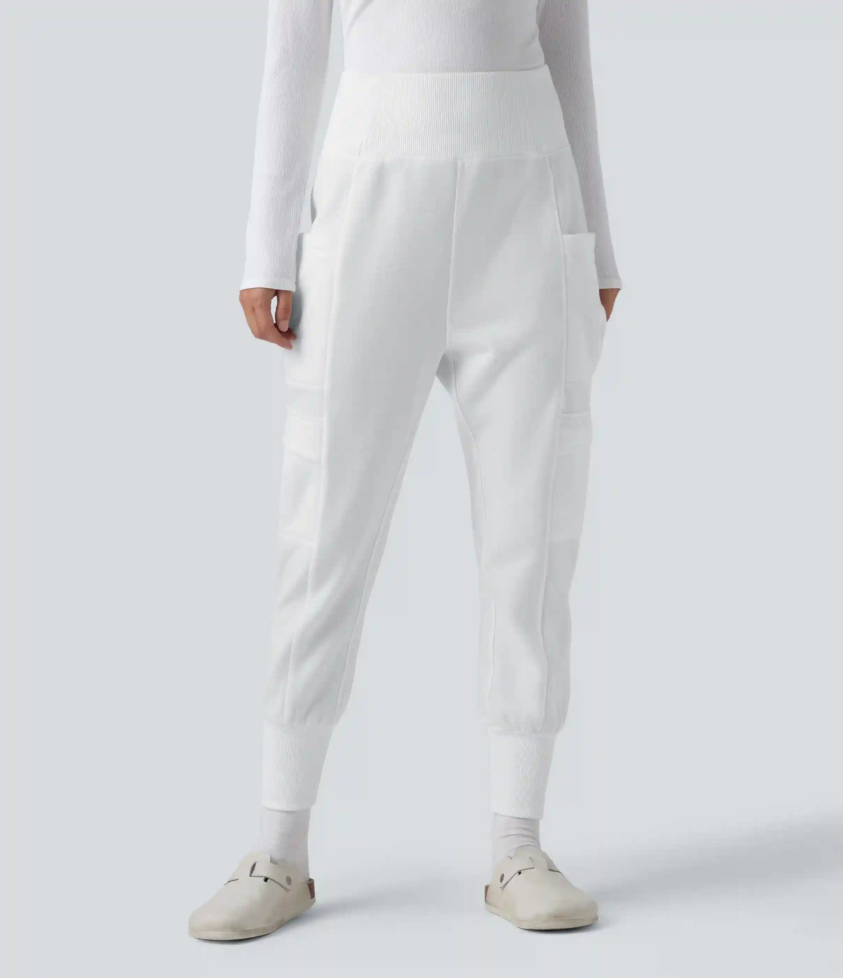High Waisted Foldover Pocket Harem Fleece Casual Cargo Joggers