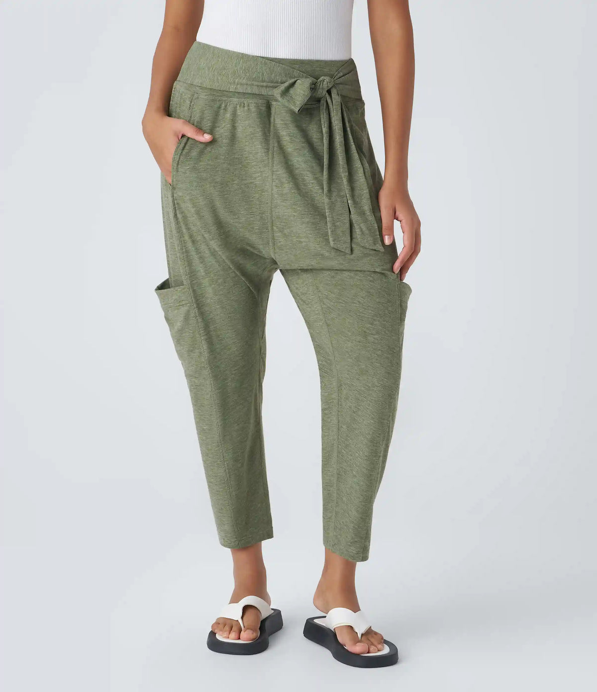 Mid Rise Tie Pockets Casual Harem Pants
