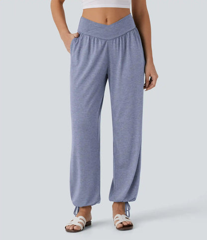 Crossover High Waisted Pocket Drawstring Casual Joggers