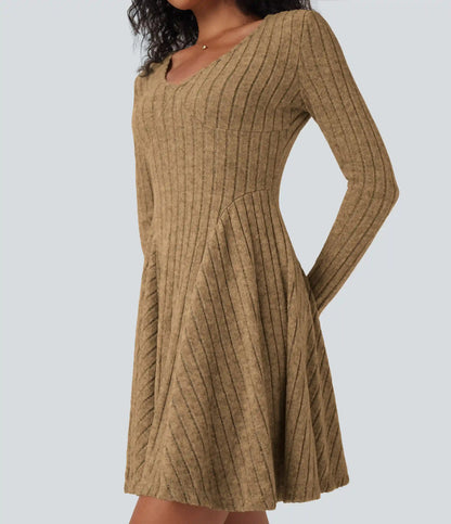 Ribbed Knit V Neck Long Sleeve Flare Mini Casual Dress