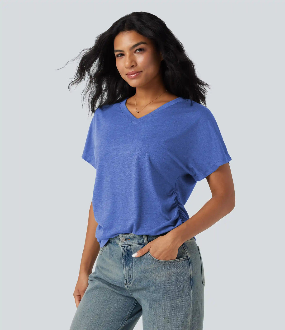 V-neck Short Sleeve Ruched Relaxed Casual Top