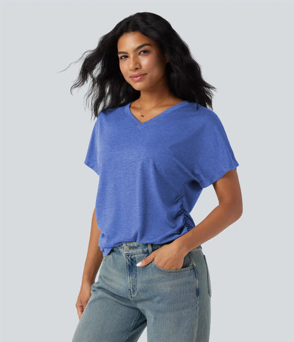 V-neck Short Sleeve Ruched Relaxed Casual Top