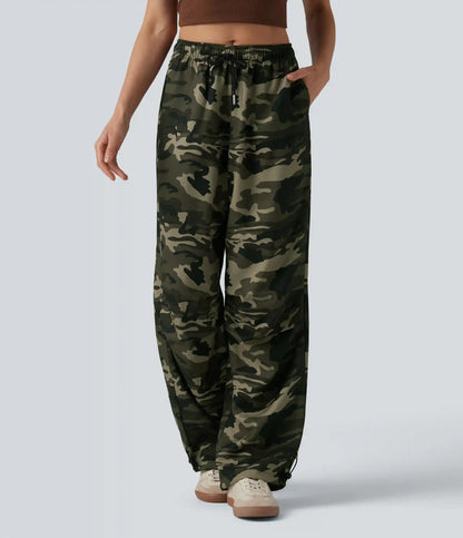 Mid Rise Drawstring Camo Casual Cargo Baggy Pants with Pockets