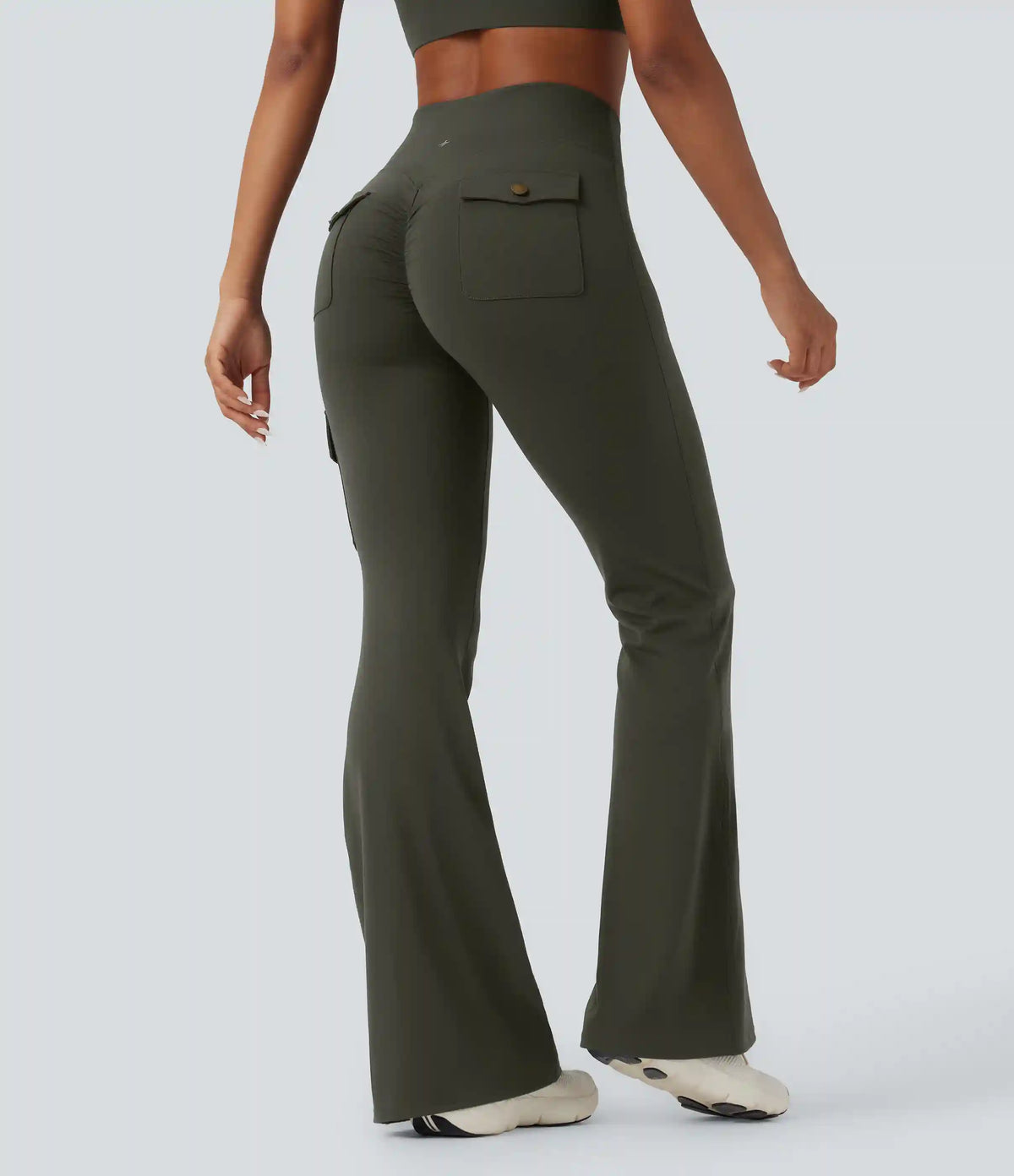 DayStretch High Waisted Tummy Control Ruched Workout Flare Pants with Pockets