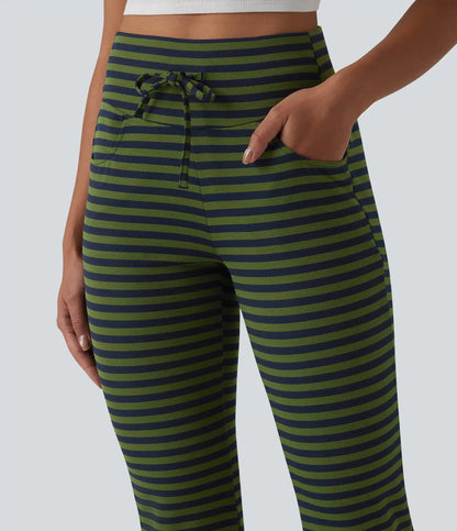 High Waisted Drawstring Tummy Control Stripe Waffle Flare Casual Pants with Pockets