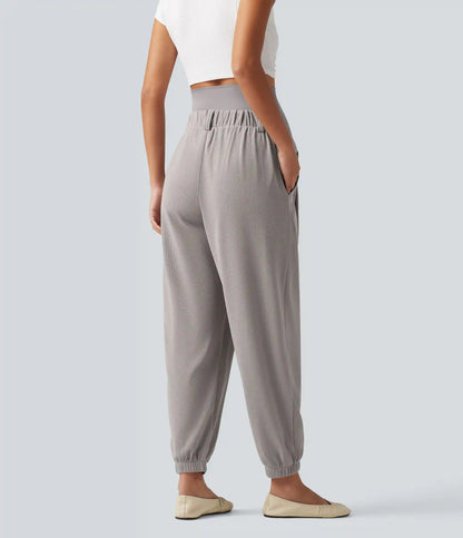 Super High Waisted Tapered Waffle Casual Maternity Joggers with Pockets