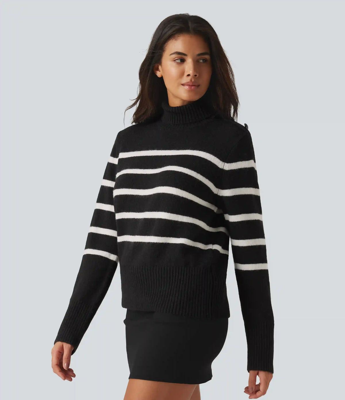 High Neck Long Sleeve Stripe Work Sweater