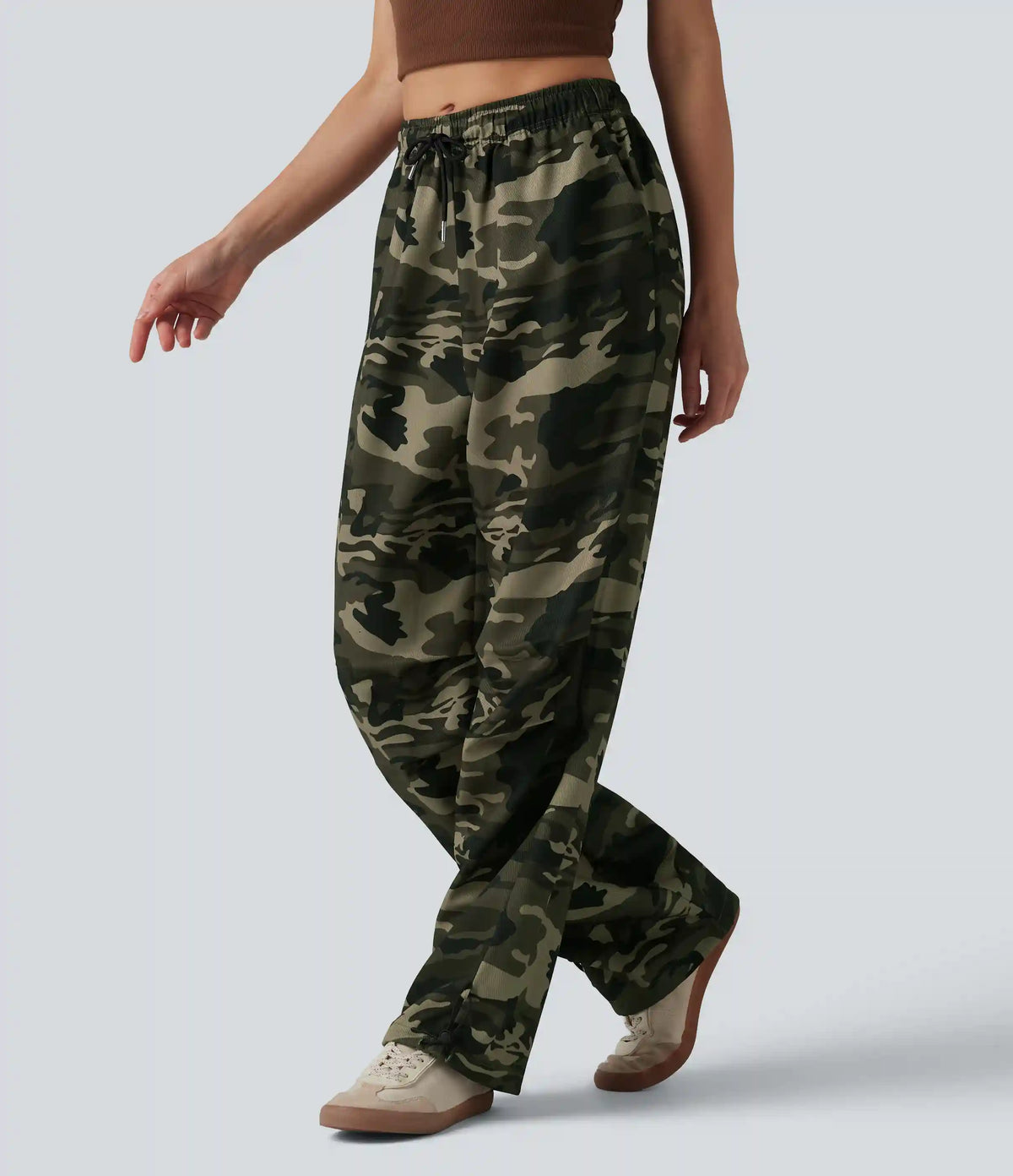Mid Rise Drawstring Camo Casual Cargo Baggy Pants with Pockets
