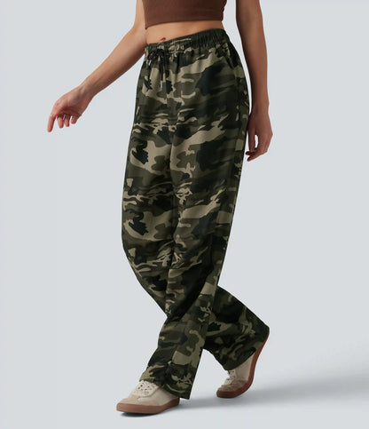 Mid Rise Drawstring Camo Casual Cargo Baggy Pants with Pockets