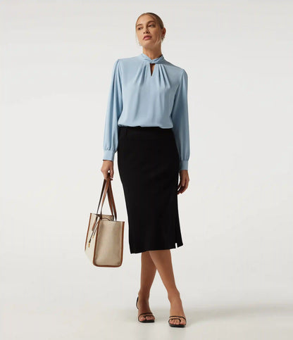 Mock Neck Tie Back Long Sleeve Work Blouse