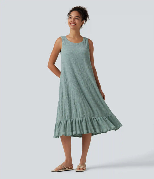 Round Neck Built-in Bra Sleeveless Ruffle Hem Midi Casual Dress