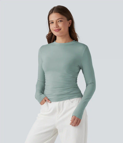 Round Neck Long Sleeve Ruched Casual Top