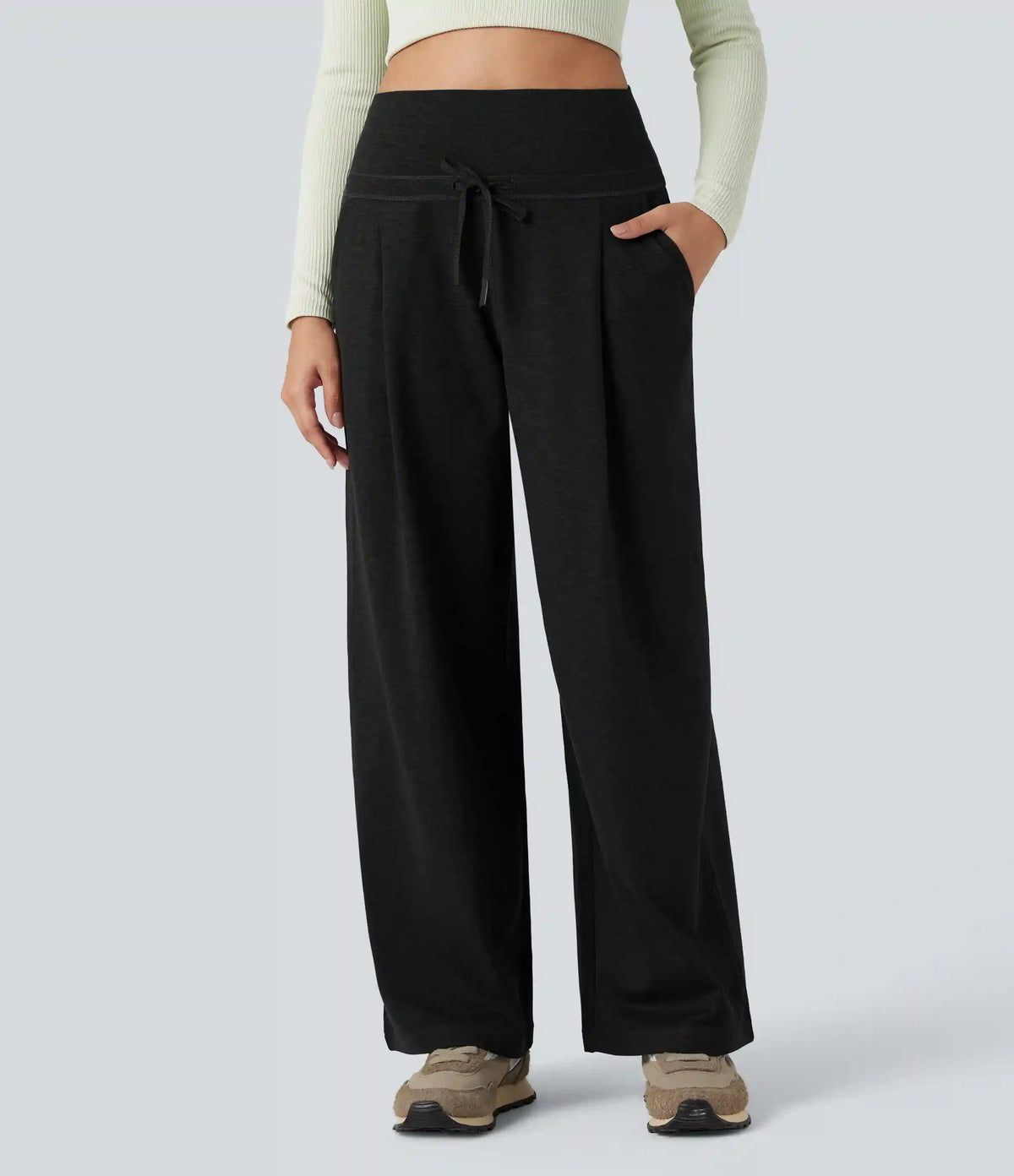 Foldover High Waisted Draswtring Quick Dry Heathered Casual Wide-leg Pants with Pockets