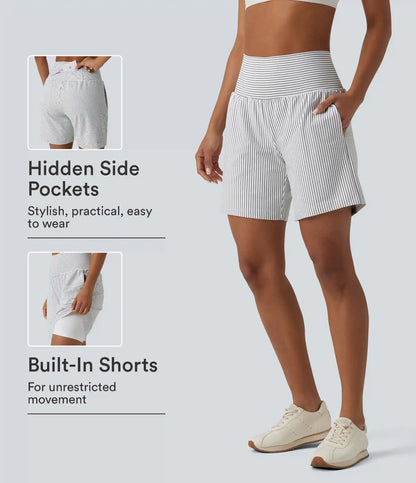 Super High Waisted 2-in-1 Stripe Yoga Shorts 7'' with Pockets