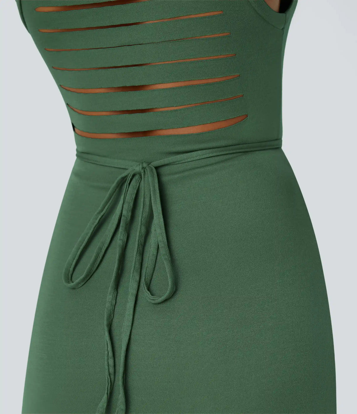 Ribbed Hooded High Neck Sleeveless Cut Out Tie Back 2-Piece Midi Casual Dress