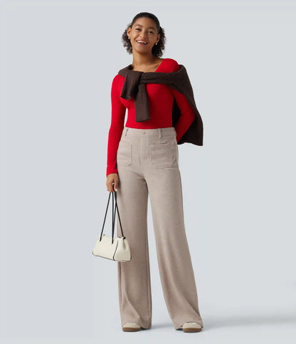 Ribbed High Waisted Tummy Control Wide Leg Casual Pants with Front Pockets