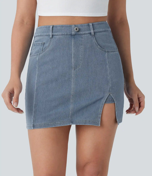 Halara Flex™ High Waisted Pockets 2-in-1 Bodycon Mini Washed Denim Casual Skirt