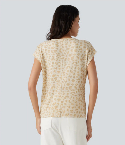 V Neck Short Sleeve Leopard Print Casual T-Shirt