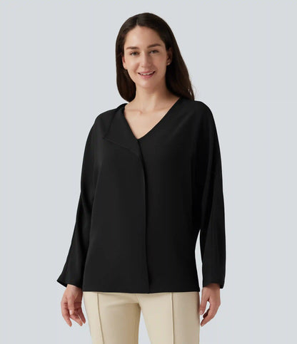 V Neck Long Sleeve Asymmetric Relaxed Work Blouse