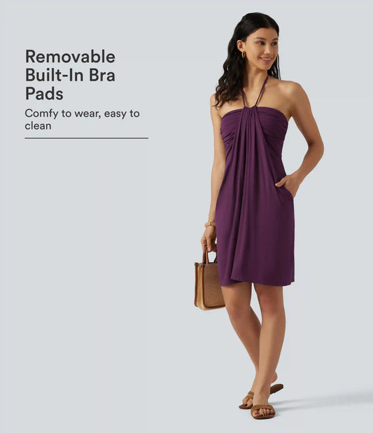 Halter Tie Back Built-in Bra Mini Resort Dress with Pockets