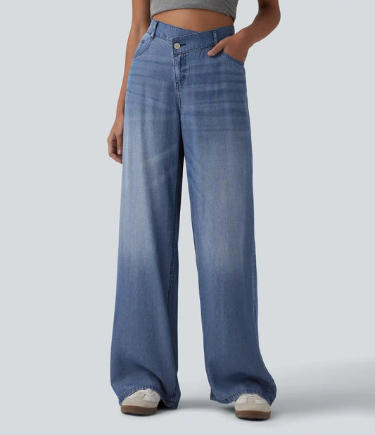 Asymmetric Mid Rise Draped Wide Leg Casual Jeans with Pockets