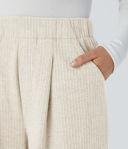 Ribbed High Waisted Pocket Wide Leg Casual Pants