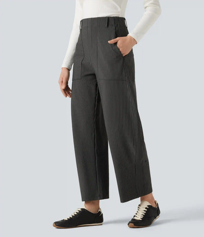 High Waisted Barrel Leg Stripe Casual Pants with Pockets