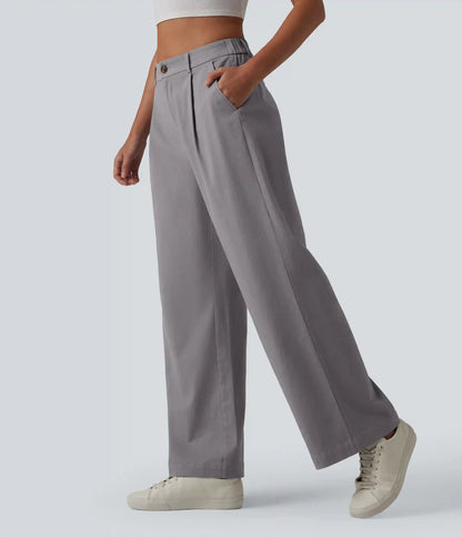 High Waisted Straight Leg Work Chino Cotton Pants with Pockets