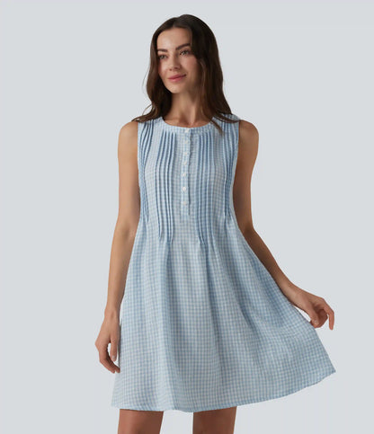Round Neck Sleeveless Plaid Mini Casual Linen-Feel Dress with Pockets
