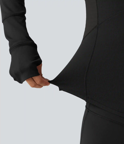 Round Neck Long Sleeve Contrast Mesh Thumb Hole Curved Hem Quick Dry Yoga Sweatshirt