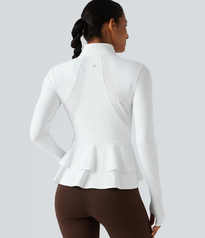 SoftlyZero™ Airy Stand Collar Long Sleeve Thumb Hole Eyelet Ruffle Hem InstantCool Yoga Jacket with Pockets-UPF50+