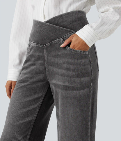 Halara Flex™ Crossover High Waisted Tummy Control Casual Straight Leg Jeans with Pockets