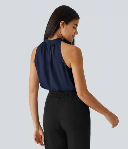 Keyhole Back Halter Sleeveless Curved Hem Work Blouse