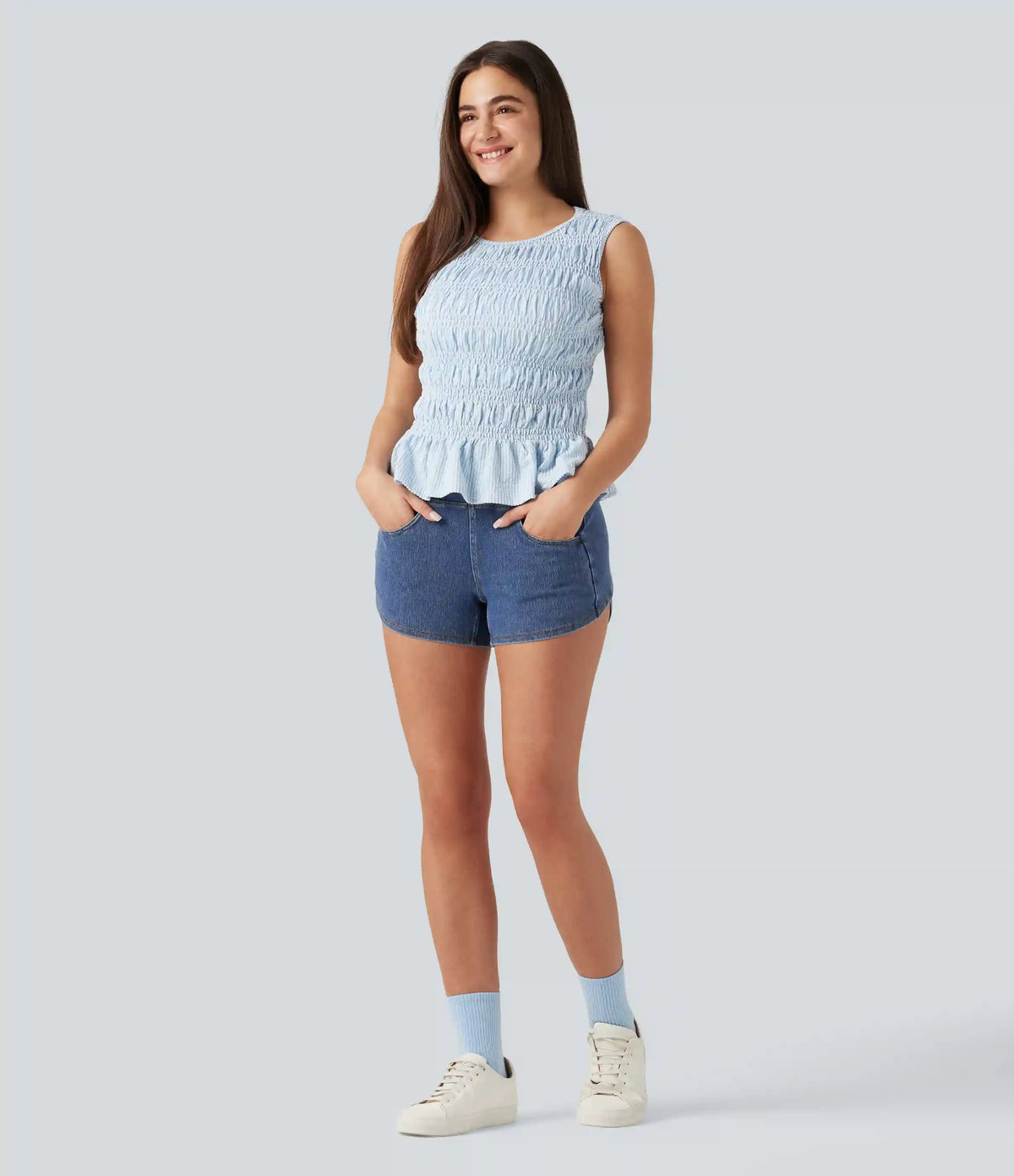 Halara Flex™ High Waisted Tummy Control Curved Hem Skinny Denim Casual Shorts with Pockets