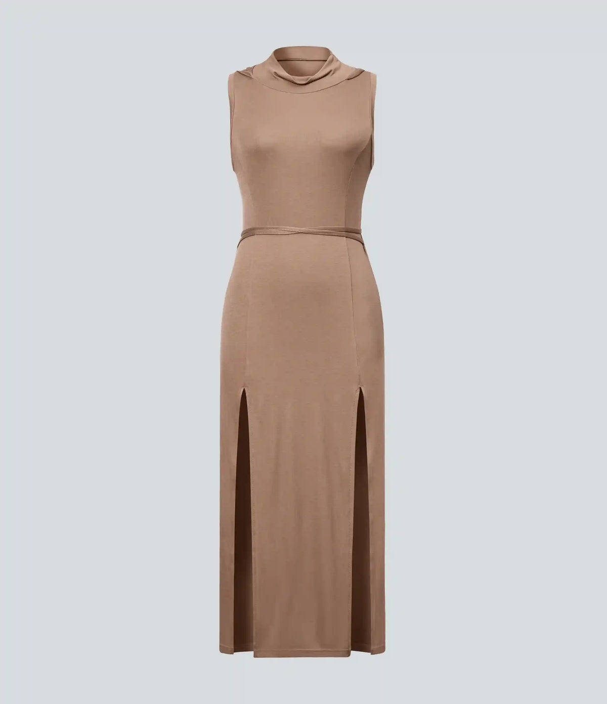 Ribbed Hooded High Neck Sleeveless Cut Out Tie Back 2-Piece Midi Casual Dress