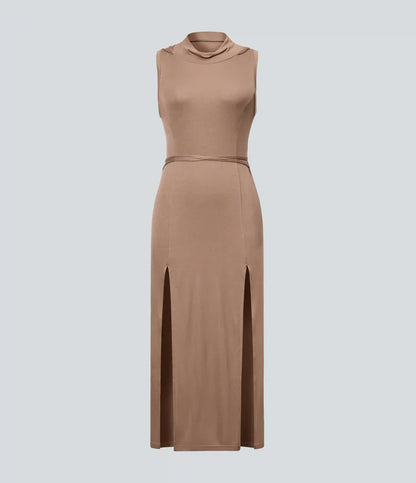 Ribbed Hooded High Neck Sleeveless Cut Out Tie Back 2-Piece Midi Casual Dress