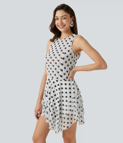 Round Neck Sleeveless Asymmetric Layered 2-Piece Polka Dot Mini Dress with Pocket