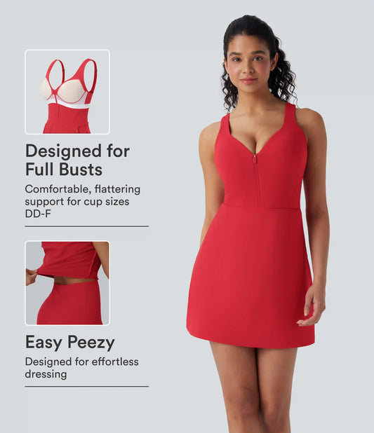 SoftlyZero™ Plush Push-Up Molded Cups Zipper 2-in-1 Yoga Active Dress with Pockets-Easy Peezy DD-F Cups