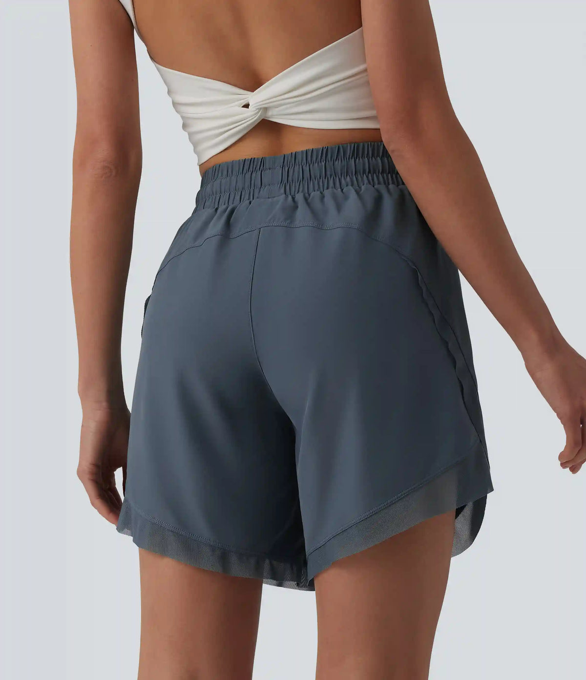 Mid Rise Drawstring Contrast Mesh 2-in-1 Flowy Yoga Shorts 7''