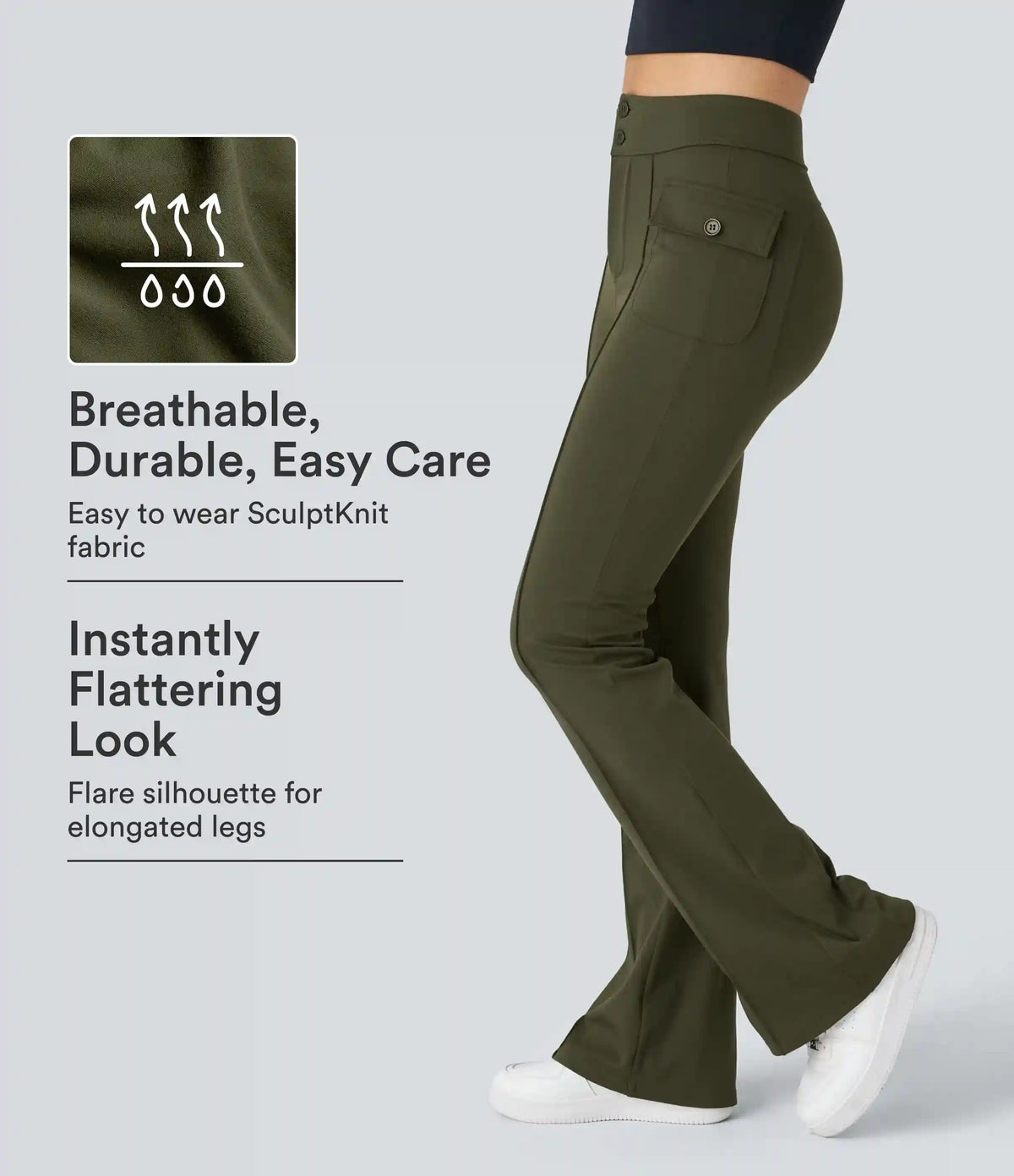 High Waisted Side Flap Pocket Flare Casual Cargo Pants