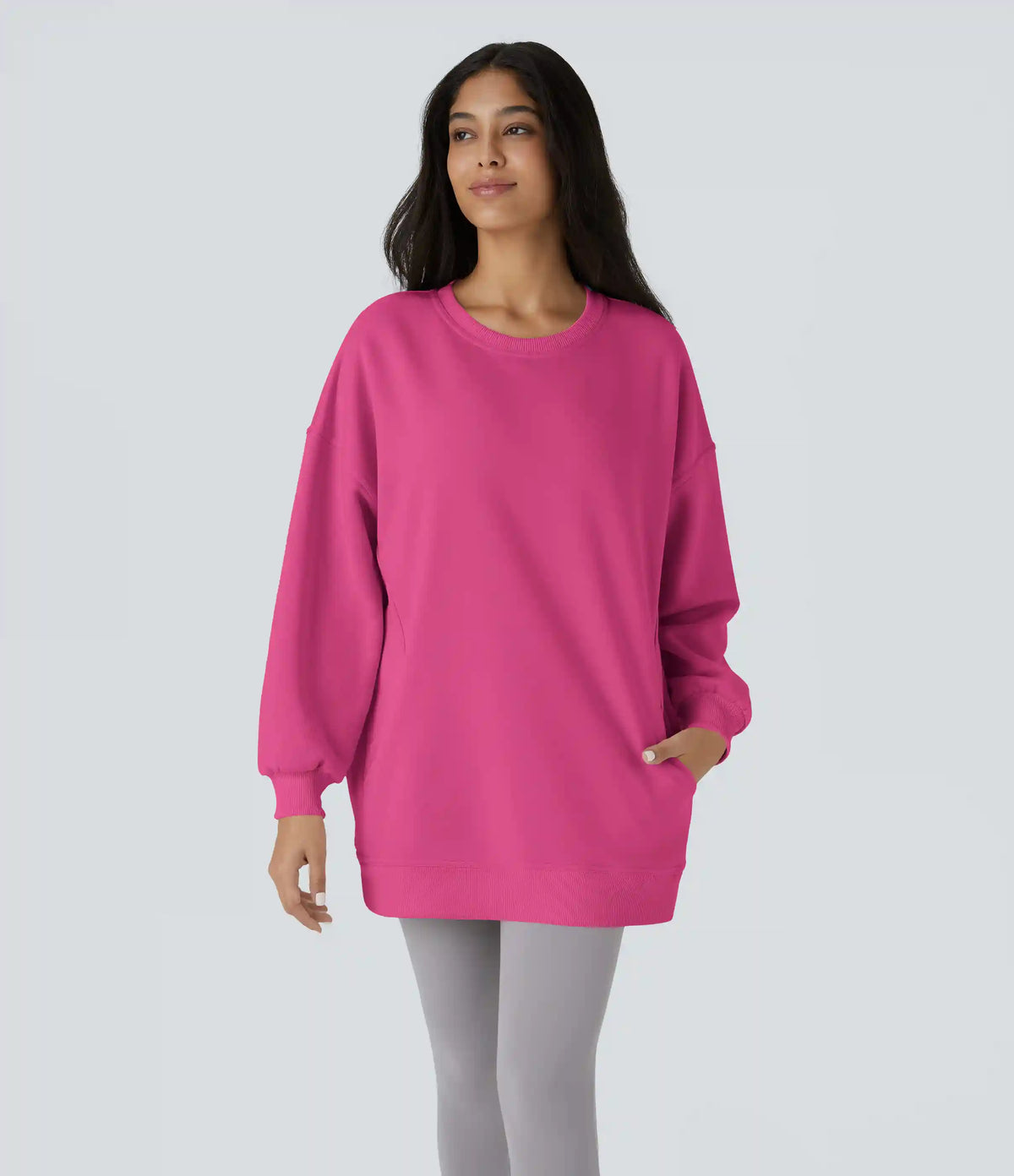 Round Neck Long Sleeve Pocket Oversize Fleece Casual Sweatshirt