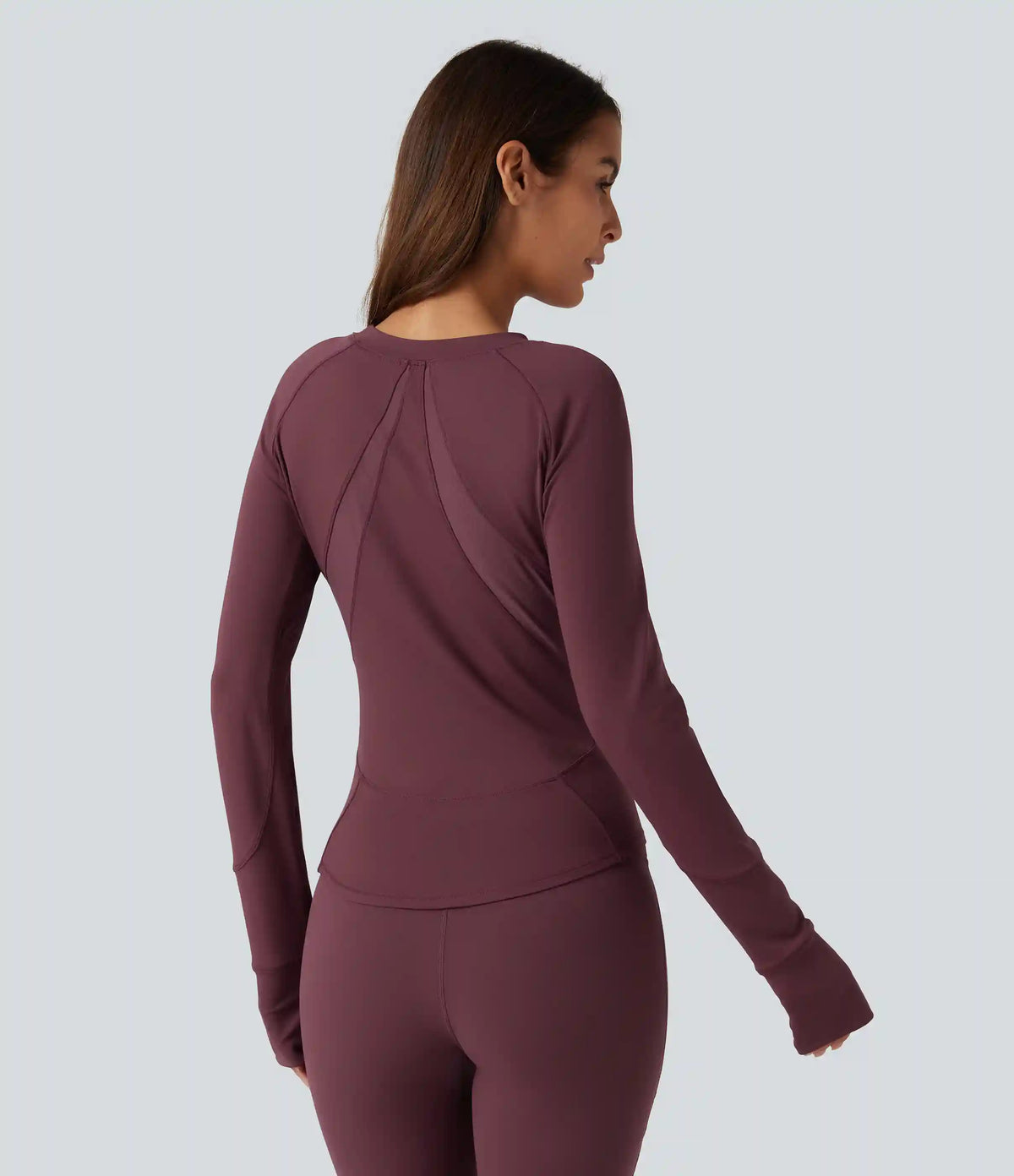 Round Neck Long Sleeve Contrast Mesh Thumb Hole Curved Hem Quick Dry Yoga Sweatshirt