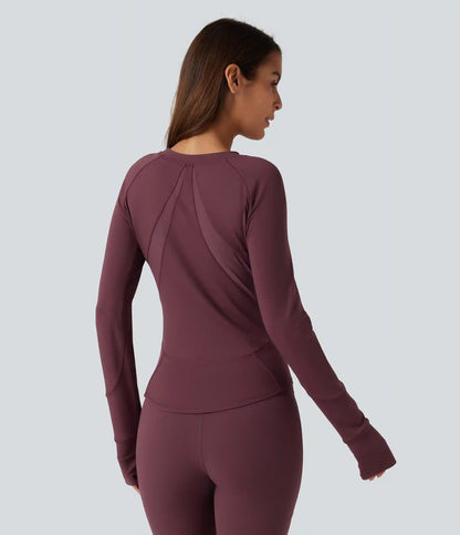 Round Neck Long Sleeve Contrast Mesh Thumb Hole Curved Hem Quick Dry Yoga Sweatshirt