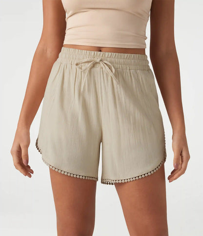 Mid Rise Drawstring Contrast Fringe Curved Hem 2-in-1 Casual Shorts