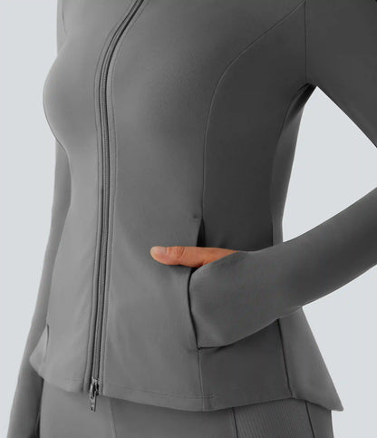 SoftlyZero™ Stand Collar Thumb Hole Pockets Pleated Zipper Slim Jacket