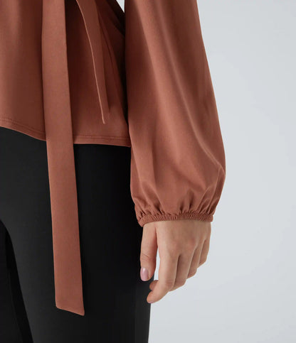 Shawl Collar Wrapped Tie Side Ruffle Hem Work Blouse