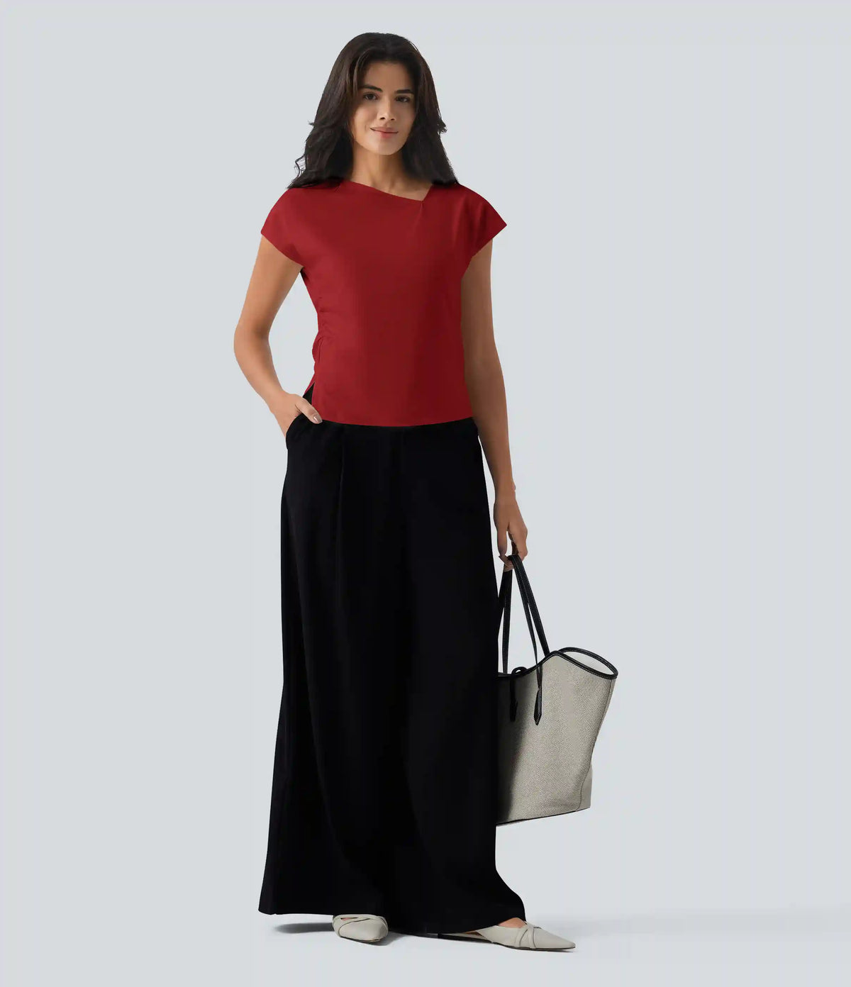 Asymmetric Cowl Neck Short Sleeve Ruched Split Hem Work Blouse