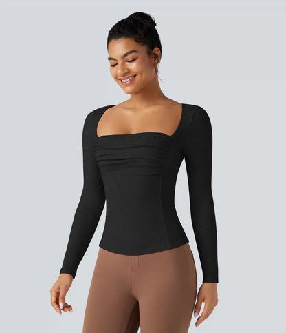 Ribbed Knit Square Neck Ruched Long Sleeve Work T-Shirt
