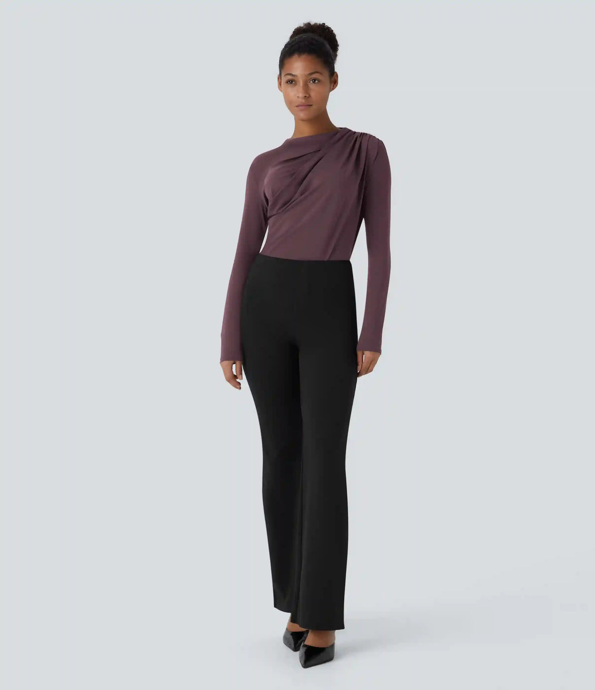 Cowl Neck Ruched Long Sleeve Slim Work Top
